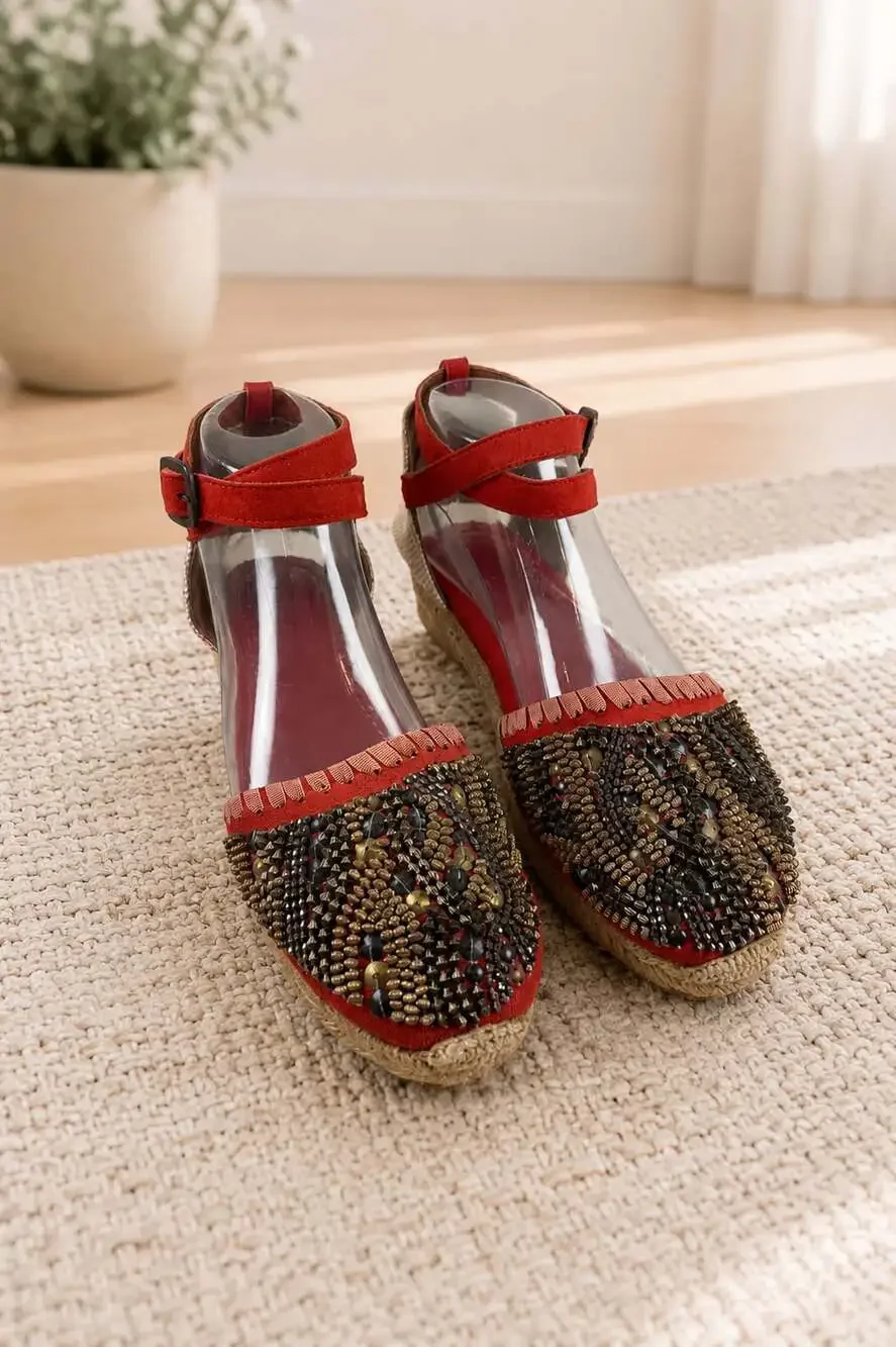 BOC Red Suede Beaded Espadrille Wedge Sandals Ankle Strap Boho Women’s Size 8